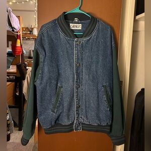 Green letterman jacket with real denim.